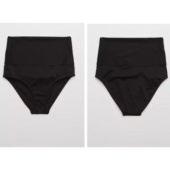 Aerie Fold Over High Waist Bikini Bottom SMALL Black Full Coverage Adjustable - Picture 4 of 4